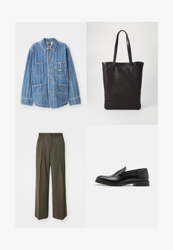 Denim jacket in light blue with vertical white stripes, featuring four pockets, a collar, and gold-tone buttons. Brand tag visible on the left pocket.; Gray short-sleeve T-shirt made from soft, textured fabric. Features a classic crew neck and a straight hem, suitable for casual wear.; Filippa K WIDE TROUSERS - Trousers - driftwood; Black leather loafers with a smooth texture, rounded toe, and a decorative strap across the vamp. Low stacked heel, minimalist design.; Black canvas tote bag with black leather handles. Simple design, spacious body, and a smooth texture. No visible logos or patterns.