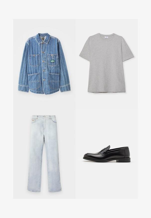 Leren spijkerjack in lichtblauw met verticale witte strepen, voorzien van vier zakken, een kraag en gouden knopen. Merklaabel zichtbaar op de linkerzak.; Grijze T-shirt met korte mouwen, gemaakt van zacht, textuurstof. Heeft een klassieke ronde hals en een rechte zoom, geschikt voor casual dragen.; Lichtblauwe denim jeans met een recht gesneden ontwerp, voorzien van een knoopsluiting, vijf zakken en contrasterende stiksels.; Zwarte leren instappers met een gladde textuur, ronde neus en een decoratieve band over de wreef. Lage, gestapelde hak en minimalistisch ontwerp.