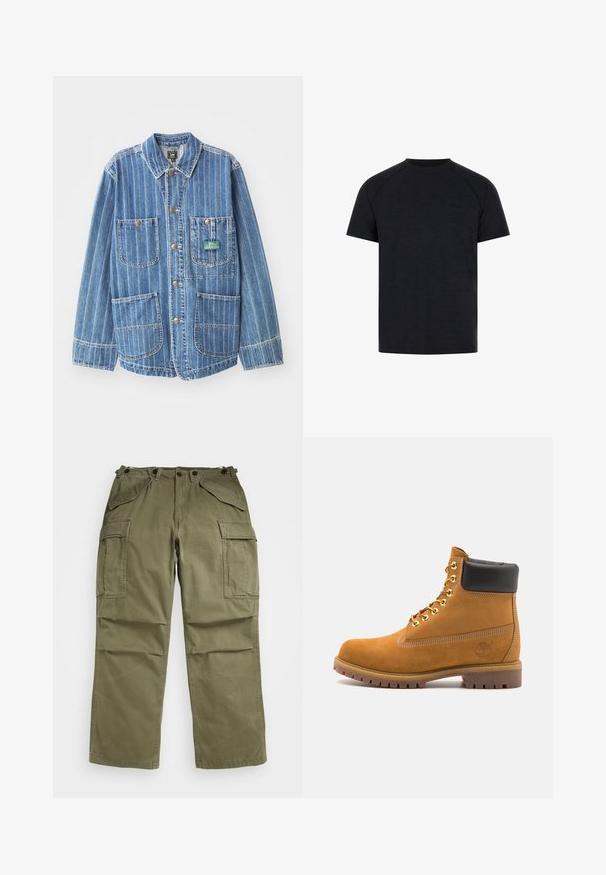 Giacca di jeans azzurra chiara con strisce bianche verticali, dotata di quattro tasche, colletto e bottoni dorati. Etichetta del marchio visibile sulla tasca sinistra.; T-shirt nera a girocollo realizzata in tessuto liscio. Presenta maniche corte a raglan e un sottile logo stampato in rilievo sulla parte anteriore del petto.; Pantaloni cargo verde oliva realizzati in tessuto strutturato, dotati di molteplici tasche frontali e laterali e di cuciture rinforzate sulle cuciture.; Stivale alla caviglia in suede tan con collare imbottito nero, occhielli in metallo dorato, dettagli in cucitura bianca e suola in gomma robusta con battistrada pronunciato.