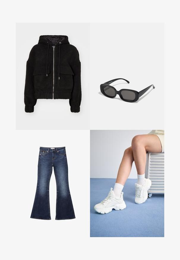 Sort hættebomberjakke lavet af plysstof, med lynlåslukning foran, to frontlommer med klapper og elastiske manchetter.; Hvid off-the-shoulder top med volanger, smocket liv, flagrende kant og let stof med en subtil tekstur.; Mørkeblå flagrende jeans med talje, fem-lommers design, stikninger og en glat denimtekstur.; Hvide snøre-sneakers med en chunky sål, der har glat syntetisk materiale, teksturerede detaljer og en løkke på hælen.; Sorte rektangulære solbriller med mørke linser. Tykt plastiklavet stel med glat overflade og afrundede kanter. Stilfulde stænger strækker sig udad.