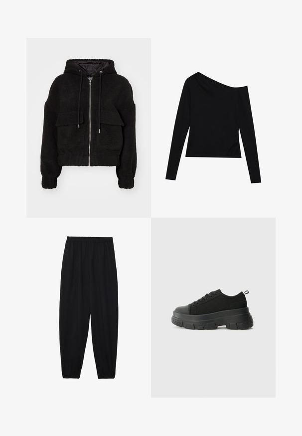 Mustade kapuutsiga bomber-jakk, mis on valmistatud pehmest kangast. Jakk on varustatud kahe esisekuga, millel on klappid, ja elastsete mansettidega.; Must musta-sleeve top, millel on asümmeetriline kaelus ja sobiv disain pehmest ning siledast kangast. Puuduvad nähtavad mustrid või metalldetailid.; Mustad, kerge kangas püksid elastse vöökoha ja kokku volditud pahkluudega. Kanga pind on sile ja disain on lõdvestunud, kitsenev.; Mustad mustad mustikad, millel on tugev kummist põhi, tekstuuriga kangast pealis, ümar varvas ja seotud disain. Omab tugevdatud silmuseid ja tagumist tõmbeotsta.