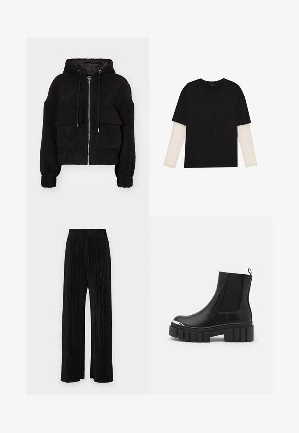 Černá bomber bunda s kapucí vyrobená z plyšové látky, s předním zipem, dvěma předními kapsami s klopami a elastickými manžetami.; Černé tričko z bavlny s krátkým rukávem, pod kterým je bílá podvlékací halenka s dlouhým rukávem a jemným texturovaným vzorem. Design s kulatým výstřihem.; Černé plisované kalhoty s elastickým pasem. Mají široké nohavice a hladkou, strukturovanou tkaninu s vertikálními pruhy.; Černé kotníkové boty z hladké kůže s elastickými panely, silným platformovým sálem a kovovým špičkou.