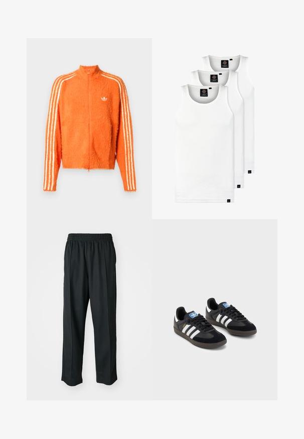 Oranje harige zip-up jack met hoge kraag, met drie witte strepen langs elke mouw en een klein wit logo op de borst.; Drie witte geribde tanktops van katoen. Kenmerken zijn een ronde hals en kleine zwarte labels nabij de zoom. Verkrijgbaar in meerdere maten.; Zwarte sportbroek met een elastische tailleband, gemaakt van gladde stof, met subtiele zijnaad en een relaxte pasvorm, recht gesneden.; Zwarte sneakers met een bovenwerk van suède en synthetisch materiaal, voorzien van drie witte strepen, een gestructureerde rubberen zool en een blauw logo-label op de tong.