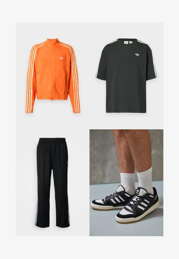 Casaco laranja felpudo com fecho zip, com gola alta, apresentando três riscas brancas em cada manga e um pequeno logo branco no peito.; T-shirt preta de algodão com mangas curtas, gola redonda e detalhe branco de três riscas nos ombros. Apresenta um pequeno logotipo branco no peito.; Calças atléticas pretas com um cós elástico, apresentando riscas brancas laterais e um pequeno logótipo. O material parece macio e leve.; Ténis em preto e branco com upper em camurça e couro, apresentando três riscas brancas, um toe perfurado e uma sola em borracha de goma.