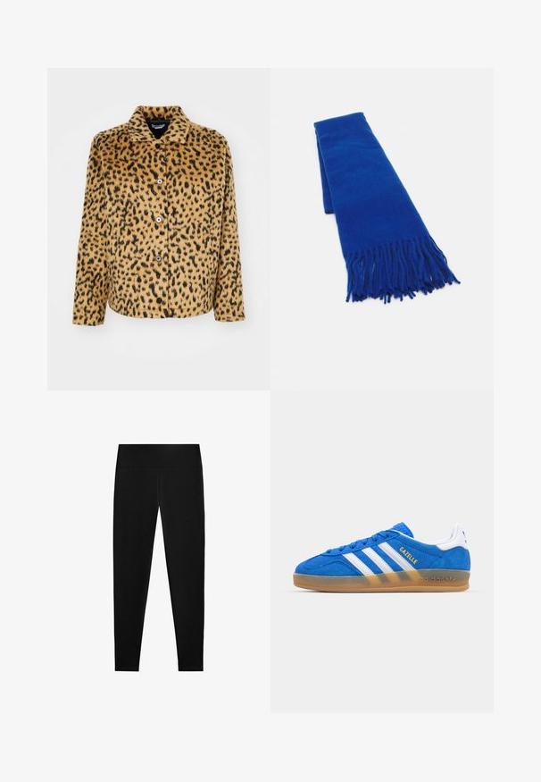 Leopardiprinttinen takki vaaleanruskeana ja mustana, valmistettu pehmeästä kankaasta. Varustettu terävällä kauluksella, napilla suljettavalla eduksella ja pitkät hihat.; Vaaleansininen ja valkoinen raidallinen paita, jossa on kaulus, napitus ja pitkät hihat. Kangas näyttää sileältä ja kevyeltä.; Mustat legginsit, jotka on valmistettu joustavasta kankaasta, joissa on korkea vyötärö ja sileä, saumatonta muotoilua, sopivat monenlaisiin aktiviteetteihin.; Sininen mokkanahka sneakeri, jossa on valkoiset raidat ja "Gazelle"-teksti. Varustettu kumipohjalla ja teksturoiduilla yksityiskohdilla päälliosassa. Klassisella muotoilulla.; Sininen kudottu huivi, jossa on hapsupäät, sileä rakenne, suorakaiteen muoto ja tasainen väri ympäriinsä. Sopii kylmälle säälle.; Musta nahkainen hobo-laukku, jossa on sileä pinta, kaareva muoto ja yksi säädettävä olkahihna; sisäänkäynti on leveä ylhäältä.