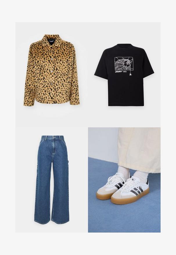 Kurtka w panterkę w odcieniach brązu i czerni, wykonana z miękkiego materiału. Posiada szpiczasty kołnierz, zapięcie na guziki oraz długie rękawy.; Czarna koszulka z krótkim rękawem wykonana z bawełny. Na przodzie znajduje się biały nadruk w kształcie pajęczyny oraz logo. Prosty, zaokrąglony dekolt.; Szerokie niebieskie dżinsowe spodnie z wysokim stanem, kontrastowymi szwami i bocznymi kieszeniami, z klasycznym pięciokieszeniowym wzorem i surowymi brzegami.; Białe sneakersy z czarnymi paskami i beżowymi zamszowymi akcentami. Posiadają teksturowaną gumową podeszwę i płaskie białe sznurowadła, noszone z jasnymi skarpetami.