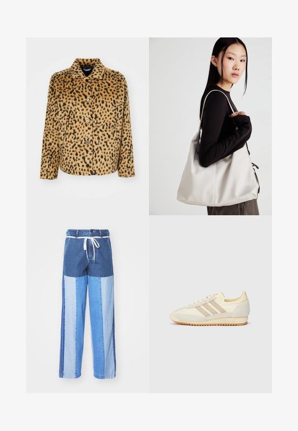 Leoparda raksta jaka smilšu un melnā krāsā, izgatavota no mīksta auduma. Tai ir norādīta apkakle, pogu aizdare un garas piedurknes.; Divu garo piedurkņu tops komplekts baltā un melnā krāsā. Ribota tekstūra, apaļš kakls, pieguļoša dizaina ar nedaudz izplestām piedurknēm.; Zilā džinsa bikses ar pārlikuma dizainu, kas sastāv no dažādiem zilās krāsas toņiem, ar auklu jostu un brīvām, taisnām kājām.; Krēma krāsas sporta apavi ar trim beiga joslām, izgatavoti no zamša un tekstila materiāliem, ar fakturētu zoli un iegravētu zīmolu uz papēža.; Bežs rokassoma, izgatavota no mīksta materiāla, ar brīvu dizainu, izšūtu apdari un divām plecu siksnām. Piemērota ikdienas lietošanai.