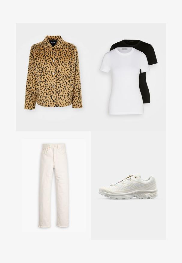 Sako s leopardím vzorem v hnědé a černé barvě, vyrobené z měkké tkaniny. Má špičatý límec, zapínání na knoflíky a dlouhé rukávy.; Dvé trička s krátkým rukávem v černé a bílé barvě. Vyrobena z hladké bavlny, mají klasický kulatý výstřih a standardní střih.; Bílé džíny z denimu se střihovým designem rovné nohy, styl pěti kapes a měděné detaily. Konec nohavic se surovým lemem.; Bílé běžecké boty s prodyšným síťovým svrškem, texturovanými detaily a polstrovanou podrážkou. Obsahují rychlou šněrovací systém pro snadné obutí.