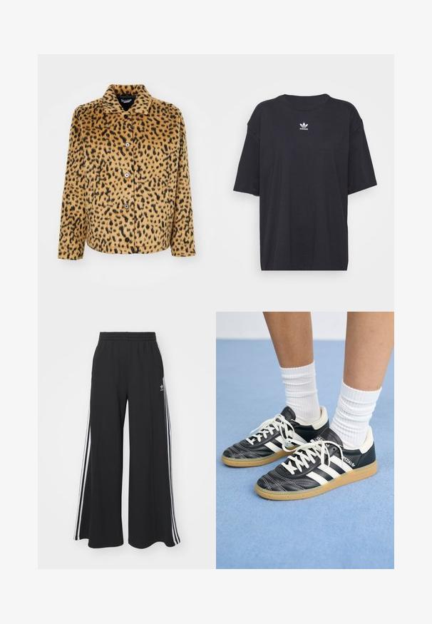 Leopard print jacket in tan and black, made of soft fabric. Features a pointed collar, button closure, and long sleeves.; Black cotton t-shirt with short sleeves, round neckline, features a white Adidas logo on the chest. Simple design, relaxed fit.; Black wide-leg sweatpants with an elastic waistband, featuring white side stripes and an embroidered logo on the left thigh.; Black leather sneakers with white stripes, round toe, white laces, and gum rubber sole. Accentuated by padded collar and branding details.