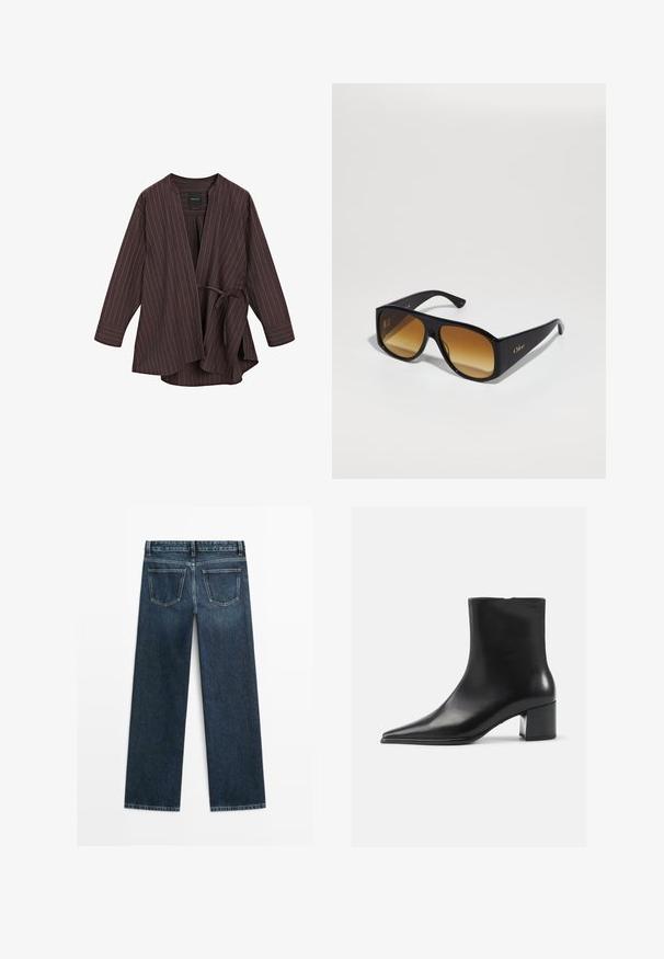 Braun gestreifte Wickeljacke mit V-Ausschnitt, langen Ärmeln und Bindeband. Hergestellt aus leichtem Stoff, mit weißen Nadelstreifen durchgehend.; Weißes Hemd mit vertikalen hellgrauen Streifen, Kentkragen, langen Ärmeln und lockerer Passform. Aus leichtem Stoff gefertigt.; Dunkelblaue Jeans im geraden Schnitt, mit zwei Gesäßtaschen und sichtbaren Nähten entlang der Nähte und Säume.; Schwarze Lederschnürstiefelette mit spitzer Zehenform, glatter Textur und mittelhohem Blockabsatz. Minimalistisches Design, Reißverschluss hinten.; Schwarze rechteckige Sonnenbrille mit braunen Verlaufslinsen. Hergestellt aus Plastik, mit einer glatten Oberfläche und einem dezenten goldenen Logo am Bügel.
