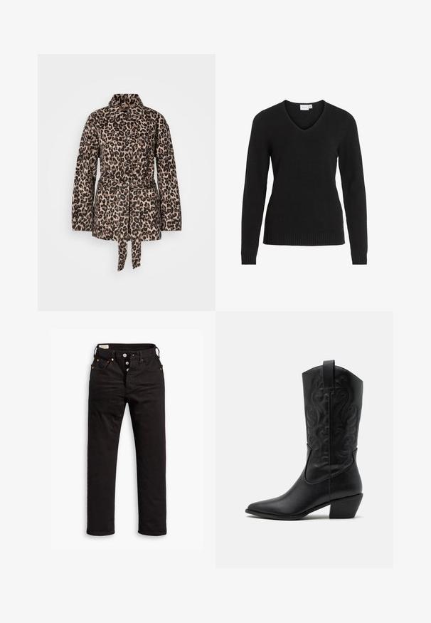 Leopard print jacket in beige and black, featuring a collar, button-up front, two chest pockets, belted waist, and textured fabric.; Black V-neck sweater made of soft fabric, featuring long sleeves, ribbed hem and cuffs, with a simple and classic design.; Black straight-leg jeans with button fly, front and back pockets, and copper rivet details on a white background.; Black leather cowboy boot with pointed toe, embossed swirling patterns, and a mid-height heel. Features a pull tab for easy wear.