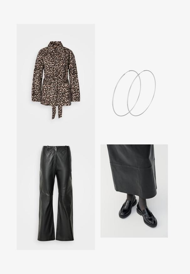 Veste en imprimé léopard en beige et noir, dotée d'un col, d'une fermeture à boutons, de deux poches poitrine, d'une taille ceinturée et d'un tissu texturé.; T-shirt à manches longues avec une coupe ajustée, fabriqué en coton doux. Il présente des rayures horizontales roses et blanches et un large col.; Pantalons en cuir noir à jambes larges avec une texture lisse, dotés d'une taille mi-haute et de détails de couture minimaux à l'avant.; Mocassins en cuir noir avec une finition lisse, ornés d'une bande décorative, à bout rond et avec une semelle texturée. Portés avec une longue jupe en cuir noir.; Boucles d'oreilles en argent au design minimaliste. Forme circulaire, texture lisse et profil fin. Légères avec une finition polie.