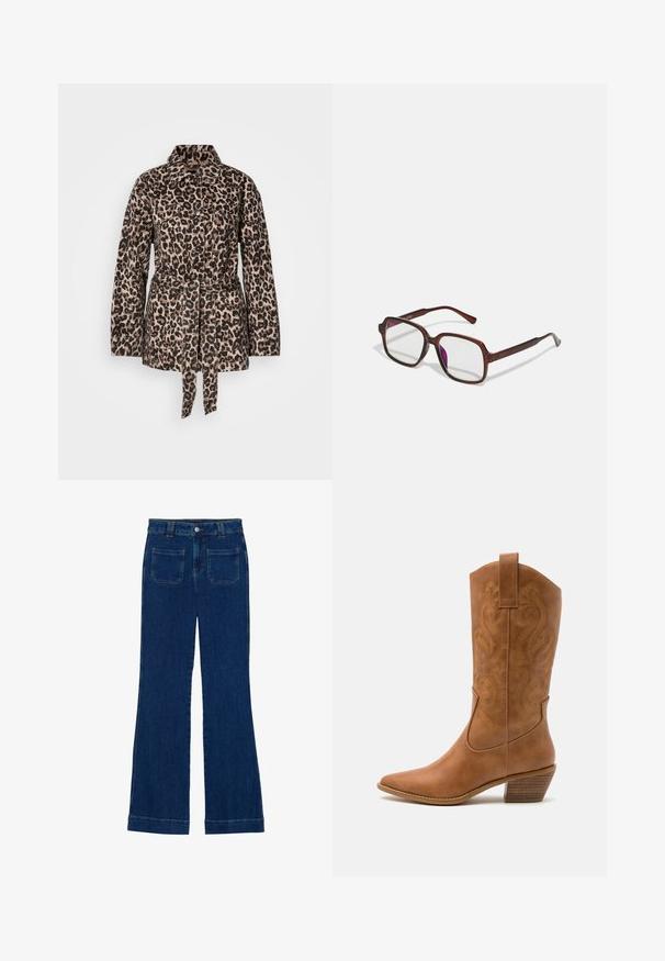 Bežinė ir juoda leopardų rašto striukė su apykakle, užsegimu mygtukais, dviem krūtinės kišenėmis, diržu juosmens srityje ir tekstūruotu audiniu.; Juodas be rankovių golfo tipo megztinis, pagamintas iš lygaus audinio. Prigludęs dizainas su aukšta apykakle ir tiesia apačia, minimalistinis ir vienos spalvos.; Tamsiai mėlynos džinsinės flared kelnės su lygiu paviršiumi, penkių kišenių dizainu ir mygtuko uždarymu ties juosmeniu.; Ruda odinė kantri batai su smailiu būtų pirštu, siuvinėtais spiralės raštais ant viršaus ir su kamščiu blokuotu kulnu. Yra tamprių užtraukių, kad būtų lengviau užsidėti.; Rudos, stačiakampiai akinių rėmeliai su skaidriais lęšiais ir violetiniais atspalviais. Lygus plastikinis rėmas su tiesiomis šventyklomis ir subtiliais akcentais.; Sidabrinės pusmėnulio auskarai minimalistiniu dizainu. Apskritimo forma, lygus paviršius ir plonas profilis. Lengvi su poliruotu apdailu.