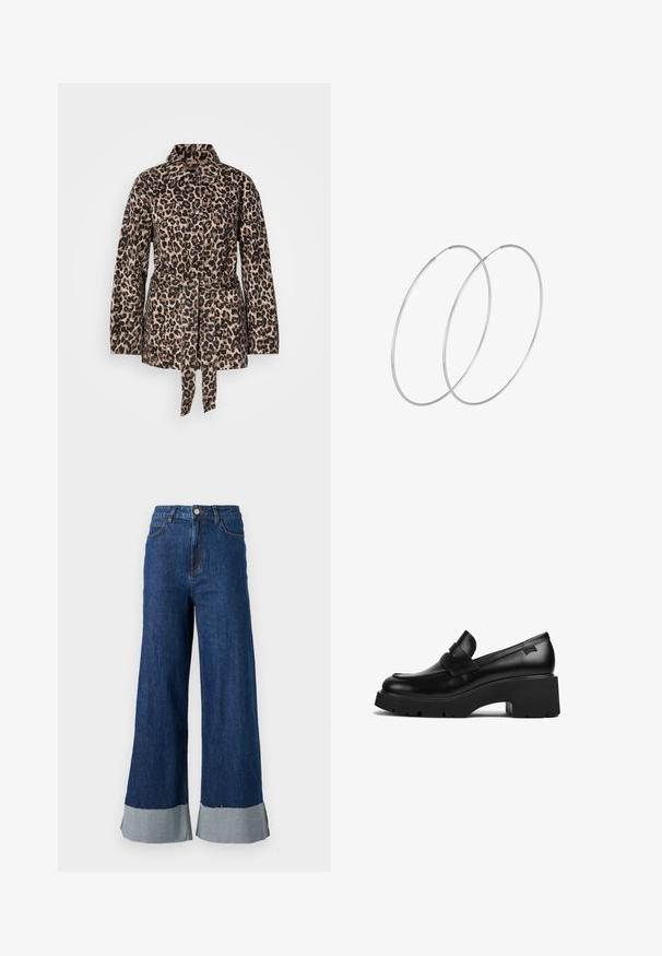 Leopard print jacket in beige and black, featuring a collar, button-up front, two chest pockets, belted waist, and textured fabric.; Black sleeveless turtleneck top, made from smooth fabric. Fitted design with a high neck and a straight hem, minimalistic and solid color.; Wide-leg denim trousers with a dark blue wash, featuring a contrasting light blue cuff and classic five-pocket design.; Black leather chunky-heeled loafer with thick sole and a strap detail across the top, shown from the side on a white background.; Silver hoop earrings with a minimalist design. Circular shape, smooth texture, and thin profile. Lightweight with a polished finish.