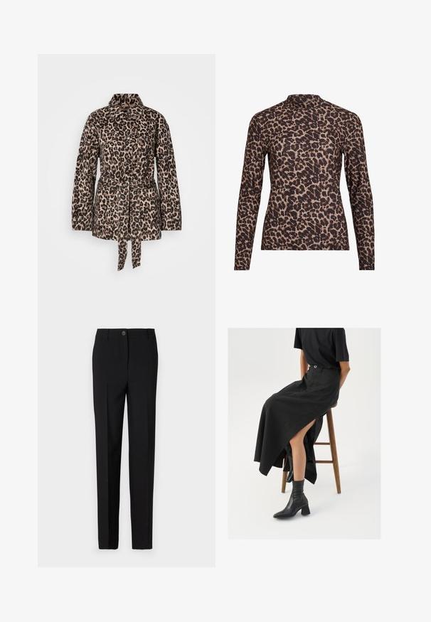 Giacca con stampa leopardata in beige e nero, dotata di colletto, chiusura con bottoni, due tasche sul petto, vita con cintura e tessuto strutturato.; Top a maniche lunghe con stampa leopardata e colletto alto, realizzato in tessuto elasticizzato. Presenta una base beige con macchie marroni. Texture liscia, design aderente.; Pantaloni neri su misura con un design a gamba dritta, dotati di chiusura a bottone e passanti per la cintura, realizzati in tessuto liscio.; Gonna maxi in lino nera con uno spacco alto, indossata con una t-shirt nera e stivaletti neri. Design minimalista con una vestibilità rilassata.
