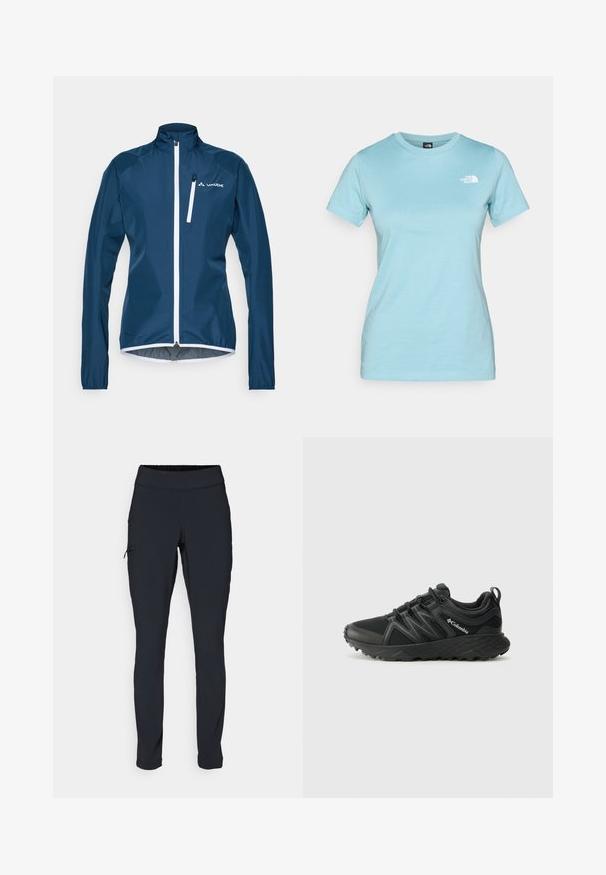 Granatowa kurtka wiatrówka z wysokim kołnierzem i białym zamkiem błyskawicznym. Posiada długie rękawy i elastyczne mankiety. Logo marki na lewej piersi.; Jasnoniebieska bawełniana koszulka z krótkim rękawem i okrągłym dekoltem; posiada małe białe logo na górnej lewej części klatki piersiowej.; Czarne spodnie sportowe o dopasowanym kroju, z elastycznym pasem i boczną kieszenią na zamek. Gładki, elastyczny materiał z minimalną ilością szwów.; Columbia PEAKFREAK czarny