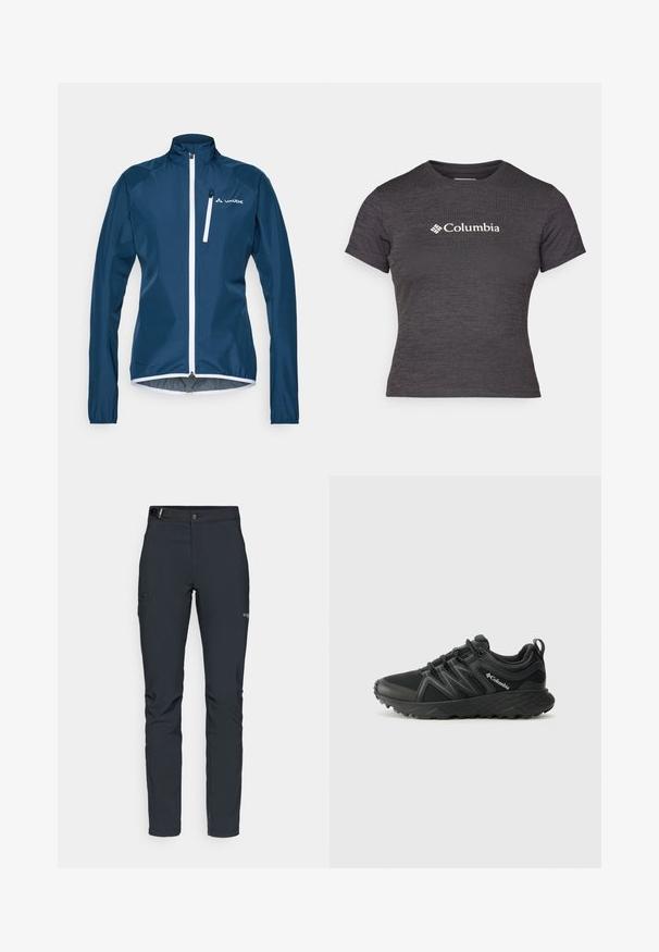 Marineblå vindjakke med høj krave og hvid lynlås. Har lange ærmer og elastiske manchetter. Brand-logo på venstre bryst.; Mørkegrå kortærmet t-shirt lavet af tekstureret stof med rund hals, der har et hvidt Columbia-logo på tværs af brystet.; Herrers udendørsbukser, mørkegrå, lavet af fleksibelt materiale, med bælte, lynlåslommer og forstærkede syninger.; Columbia PEAKFREAK - Hikingsko - black