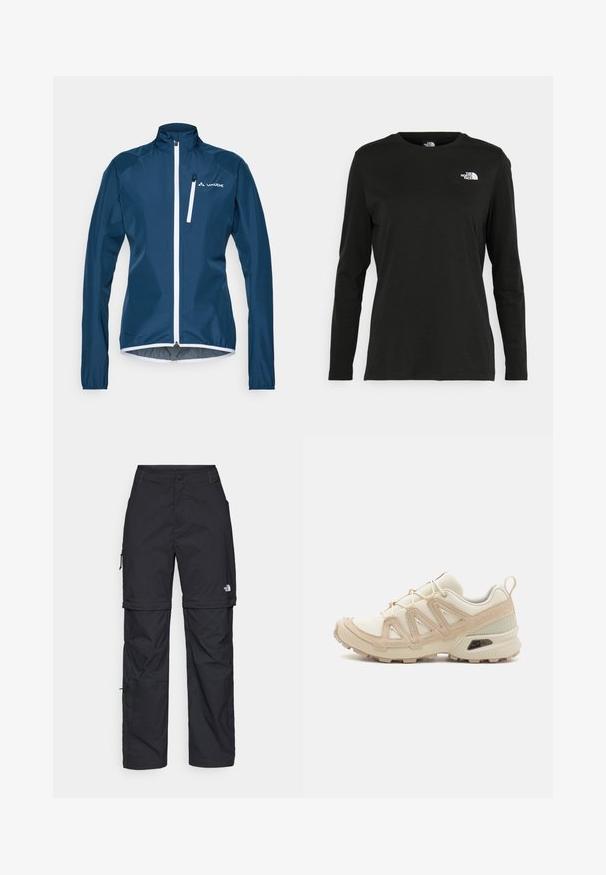 Jūras zila vēja mētelis ar augstu apkakli un balto rāvējslēdzēju. Tam ir garas piedurknes un elastīgas aproces. Zīmola logo kreisajā krūtī.; Melnas garām piedurknēm T-krekls, izgatavots no kokvilnas ar apaļu kaklu. Tam ir mazs balts logo kreisajā krūtīs. Vienkāršs dizains un piegulums.; Melni nailona bikses ar noņemamām kājām, regulējamiem uzmavām, vairākām kabatām un logotipu uz labās kājas. Gluda, viegla tekstūra.; Beige un krēma sporta apavi ar strukturētu tīkla virsmu, atbalstošajiem slāņiem un gumijas zoli ar protektoru rakstu, kas nodrošina saķeri.