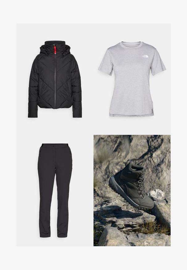 Juodas paminkštintas švarkas su aukštu apykakle, užtrauktuku priekyje ir gobtuvu. Yra įstrižų siūlių ir kontrastiniu raudonu užtrauktuku.; Pilkas trumpomis rankovėmis marškinėliai, pagaminti iš minkštos, drėgmę sugeriančios medžiagos. Turi apvalią iškirptę ir mažą baltą logotipą viršutiniame kairiajame kampe.; Juodi lauko kelnes, pagamintos iš lengvos medžiagos, turi tiesius kelnių kirpimus, užtrauktukais uždaromas šonines kišenes ir reguliuojamą juosmenį.; Tamsiai pilki žygio batai, pagaminti iš sintetinės medžiagos, su paminkštintu apykakle, metaliniais akmenukais ir tekstūruotu guminio pado paviršiumi, užtikrinančiu sukibimą.