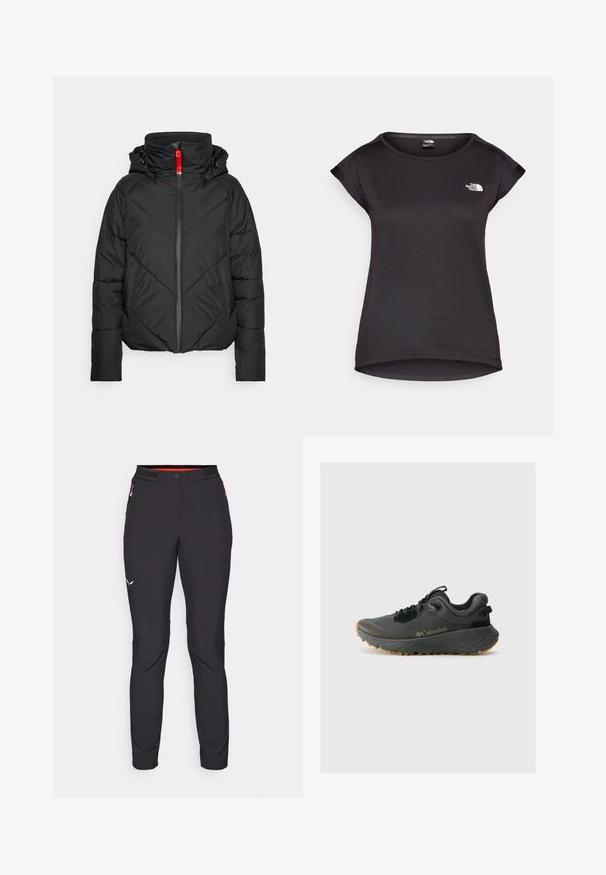 Schwarze gepolsterte Jacke mit hohem Kragen, Reißverschluss vorne und Kapuze. Sie hat diagonale Nähte und einen kontrastierenden roten Reißverschluss.; The North Face TANKEN TANK - Sport T-Shirt - black; Salewa PEDROC PANT - Outdoor-Hose - black out; Columbia TERRASTRIDE CRZ - Hikingschuh - shark/black