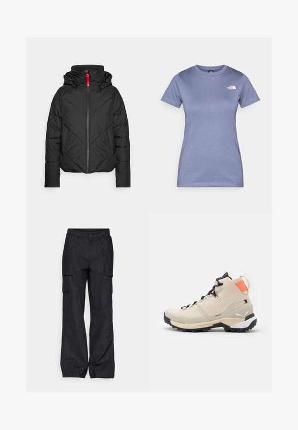 Schwarze gepolsterte Jacke mit hohem Kragen, Reißverschluss vorne und Kapuze. Sie hat diagonale Nähte und einen kontrastierenden roten Reißverschluss.; Hellblaues kurzärmliges T-Shirt aus Baumwolle mit rundem Ausschnitt und kleinem weißen Logo auf der Brust. Schmusetextur.; Columbia BREA FALLS™ COTTON RIPSTOP PANT - Outdoor-Hose - black; Salewa PUEZ MID PTX - Hikingschuh - oatmeal