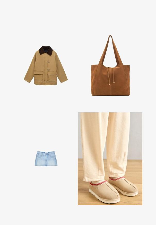 Beige Baumwolljacke mit einem braunen Cordkragen, zwei Fronttaschen und Toggle-Verschlüssen. Das Design ist locker geschnitten und leicht verkürzt.; Marineblauer Strickpullover mit einem gestickten Teddybär-Design und einem Flaggenpullover, dazu jeansblaue Jeans und braune Schuhe. Rotes Logo am Saum.; Denim-Minirock in Hellblau, mit geradem Schnitt, fünf Taschen und einer Knopfleiste vorne mit Gürtelschlaufen. Glatte Textur.; Beige Wildlederschuhe mit rotem dekorativem Rand und weißer Gummisohle, kombiniert mit hellbeigen Hosen, auf einem Holzboden.; Braune Wildleder-Tasche mit zwei langen Trägern, Zugverschluss und minimalistischem Design. Glatte Textur und keine sichtbaren Hardware-Details.