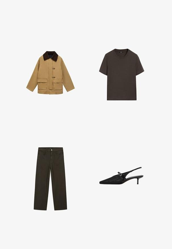 Sandfarvet bomuldsjakke med en brun kordfløjlskrage, to for-lommer og togglesluiting. Designet er løst og let cropped.; Mørkebrun kortærmet t-shirt lavet af bomuld. Har en rund halsudskæring og en afslappet pasform, uden synlige mønstre eller detaljer.; Mørkegrønne brede jeans lavet af en bomuldsblanding, med en frontlukning med knap, fem lommer og klassisk denim-syning.; Sorte slingback hæle med spidse tæer, tekstureret mesh-overdel, slank justerbar rem med sølvspænde og 5 cm stilettohæle.