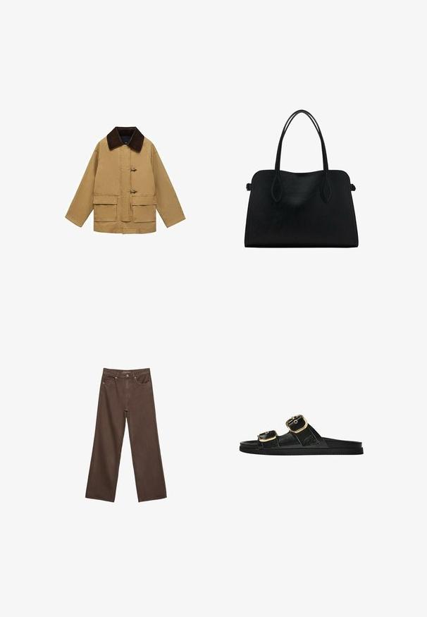 Sandfarvet bomuldsjakke med en brun kordfløjlskrage, to for-lommer og togglesluiting. Designet er løst og let cropped.; Brun kortærmet t-shirt lavet af blød bomuld. Har en rund halsudskæring og en boxy pasform, med en glat tekstur og ingen synlige mønstre.; Bredde ben brun denim jeans med høj talje, forlommer og klassisk knaplukning. Glat tekstur med diskret syninger.; Sort skridsandal med to guldspænder, glat tekstureret materiale, flad sål og et minimalistisk design.; Sort læderhåndtaske med dobbelte skulderremme, rektangulær form og minimalistisk design på en hvid baggrund.