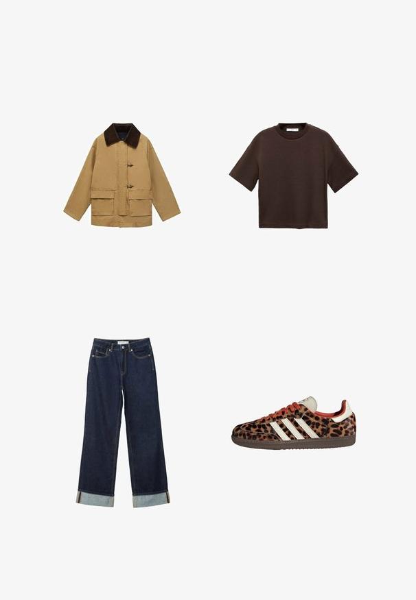 Beige Baumwolljacke mit einem braunen Cordkragen, zwei Fronttaschen und Toggle-Verschlüssen. Das Design ist locker geschnitten und leicht verkürzt.; Braun t-Shirt mit kurzen Ärmeln aus weicher Baumwolle. Verfügt über einen runden Ausschnitt und einen kastigen Schnitt, mit einer glatten Textur und ohne sichtbare Muster.; Dunkelblaue, weit geschnittene Jeans mit hoher Taille, ausgestattet mit aufgerollten Säumen, Kontrastnähten und einem Fünf-Taschen-Design. Hergestellt aus Denim-Stoff.; Sneaker im Leopardenmuster aus Wildleder mit roten Schnürsenkeln und drei weißen Streifen an der Seite. Sie haben eine cremefarbene Zunge und eine braune Sohle.
