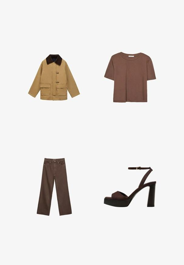 Sandfarvet bomuldsjakke med en brun kordfløjlskrage, to for-lommer og togglesluiting. Designet er løst og let cropped.; Brun kortærmet t-shirt lavet af blødt stof, med rund halsudskæring og afslappet pasform. Ingen synlige mønstre eller detaljer.; Bredde ben brun denim jeans med høj talje, forlommer og klassisk knaplukning. Glat tekstur med diskret syninger.; Brune ruskinds højhælede sandal med åben tå, justerbar ankelrem og en stribet plade sål.
