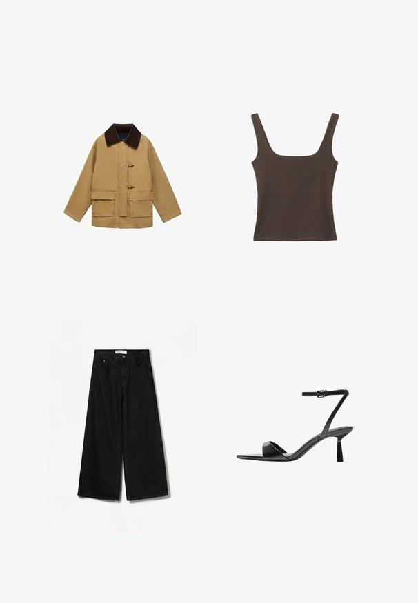 Sandfarvet bomuldsjakke med en brun kordfløjlskrage, to for-lommer og togglesluiting. Designet er løst og let cropped.; Brun ærmeløs top med firkantet udskæring, lavet af blød, strækbar stof. Har et tætsiddende design og flade sømme.; Bershka WIDE-LEG - Wide leg - black; Bershka Højhælede sandaletter / Højhælede sandaler - black