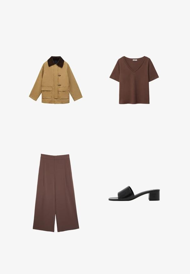 Beige puuvillajakku, jossa on ruskea corduroy-nokka, kaksi etutaskua ja nyörikiinnitys. Suunnittelu on löysä ja hieman lyhyt.; Ruskea puuvillapaita, jossa on lyhyet hihat ja syvä V-kaula-aukko. Yksinkertainen muotoilu, pehmeä rakenne ja suora helma. Ei kuvioita tai yksityiskohtia.; Ruskeat leveälahkeiset housut, joissa on sileä pinta, korkea vyötärö ja etupleat. Kangas on kevyttä ja laskeutuu väljänä.; Mustat nahkaiset avonkorkoiset liukusandaalit leveällä hihnalla ja tukevalla lohkokannan. Ominaisuuksiin kuuluu sileä pinta ja minimalismia korostava muotoilu.