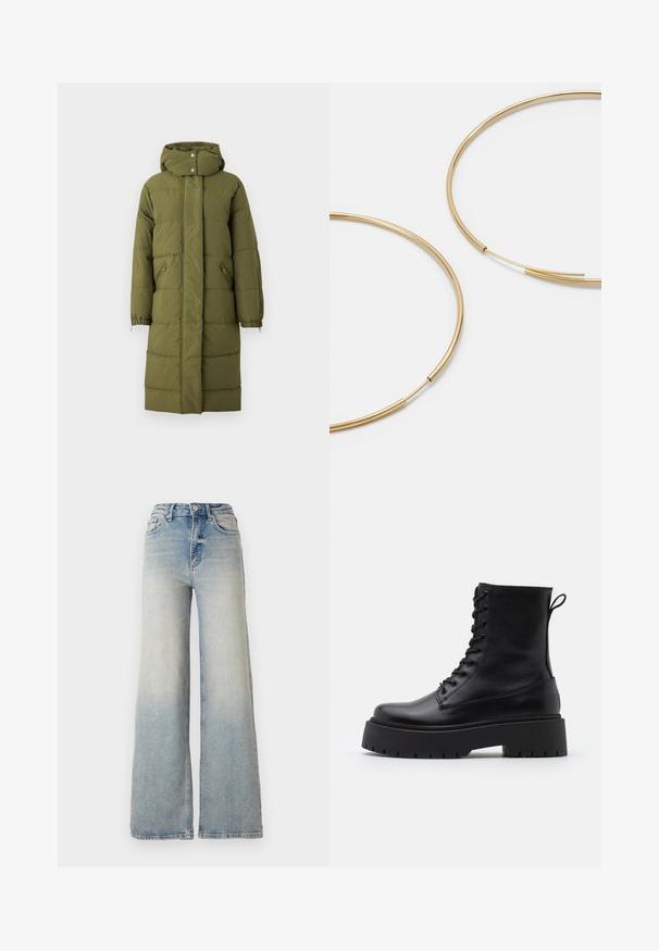 Olive zelena puffer jakna s kapuco, vertikalnim šivom, prilagodljivimi manšetami in zadrgo na stranskih žepih. Srednje dolga in lahka.; Vero Moda VMNEWCREAM FUNNELNECK PULLOVER - Pulover - black/birch; Svijetloplave široke traperice s visokim strukom, koje imaju pet džepova i vidljivo šivanje uz šavove.; Črne usnjene gležnjarje z okroglo konico, vezalnim sprednjim delom in debelim gumijastim podplatom z teksturiranim profilom. Zanka na hrbtni strani.; Zlate obroče ušesne uhane, tanke in krožne oblike, z gladko kovinsko površino brez okrasnih elementov ali vzorcev.