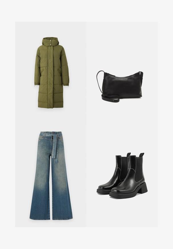 Olive green puffer coat with a hood, vertical stitching, adjustable cuffs, and zippered side pockets. Mid-length and lightweight material.; Dark navy cropped knit sweater with ribbed texture, short wide sleeves, and a round neckline. Simple design, no visible patterns or accents.; Wide-leg denim trousers featuring a light to dark blue gradient, high waist, belt loops, and a matching fabric belt. Textured denim finish.; Black leather Chelsea boots with a chunky heel, elastic side panels, and contrasting white stitching. Textured finish.; Black leather shoulder bag with a smooth texture, curved shape, adjustable strap, and a zip closure. Minimalist design without embellishments.