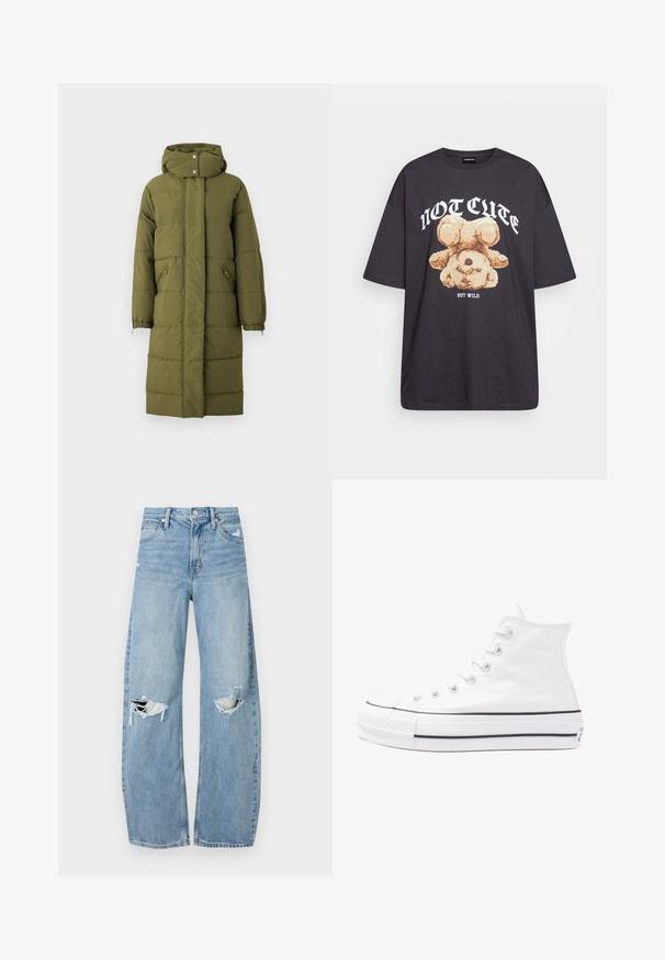 Olivgrön puffjacka med huva, vertikal sömnad, justerbara manschetter och blixtlåsfickor på sidorna. Medellängd och lätt material.; Svart oversized t-shirt med en grafik av en björn och texten "INTE SÖT MEN VILD" i fet, vit lettering. Tillverkad av bomull.; Ljusblå, högmidjade jeans i denim. Har vida ben, två slitna knäområden och klassisk femfickedesign.; Vit hög topp canvas sneaker med svart gummisulan, framsidan gummitåhätta och sex öglor för snören, med en ren, minimalistisk design.