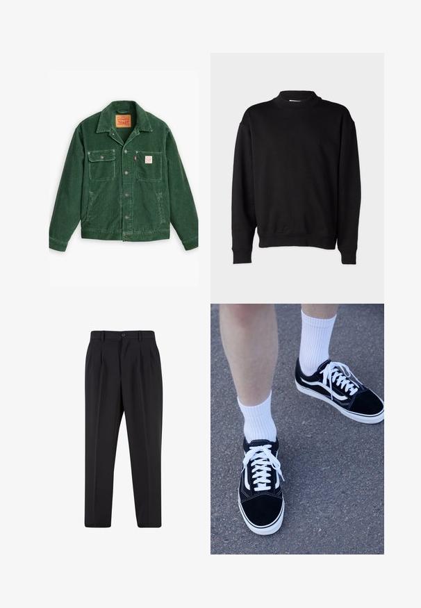 Levi's® Workwear SUNRISE TRUCKER - Džinsinis švarkelis - python green; Juodas džemperis su aukštu, šonkaulinio tipo apykakle, ilgomis rankovėmis ir laisvu siluetu. Minkšta tekstūra su šonkauliniais rankogaliais ir apačia.; Juodi kelnių su raukšlėtu priekiu dizainu, pagaminti iš lygaus audinio. Su mygtuko užsegimu ir diržo kilpomis; tiesios kojų formos.; Juodi zomšiniai sportbačiai su baltais akcentais ir raišteliais, derinami su baltais raibais aukštakulniais iki kulkšnies, padėti ant tekstūruoto pilko paviršiaus.