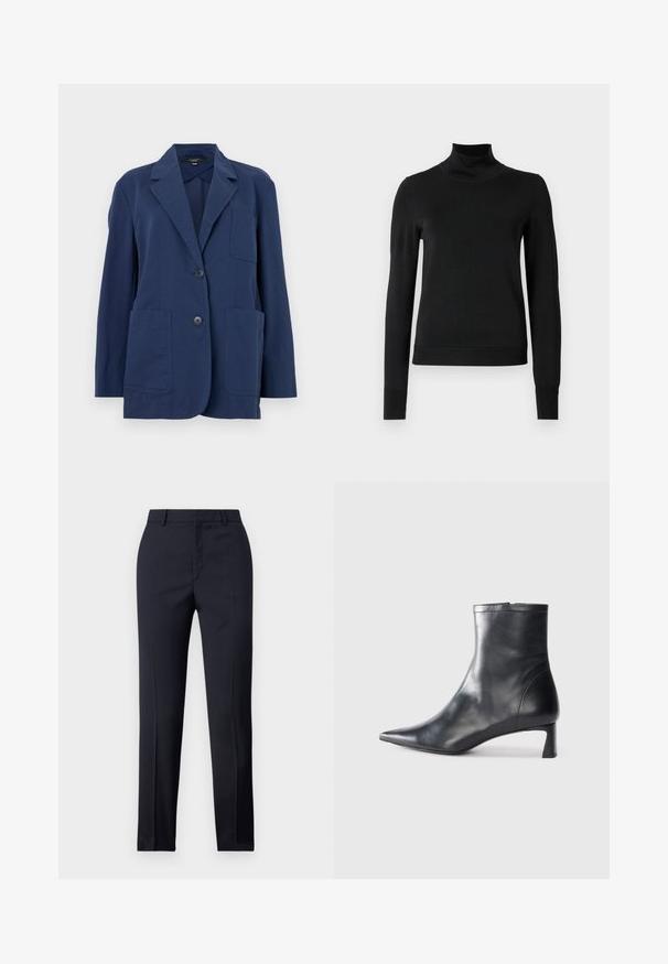 Granatowa marynarka z lekkiego materiału, z kołnierzem z klapami, dwoma dużymi przednimi kieszeniami i zapięciem na dwa guziki. Gładka tekstura z subtelnym połyskiem.; Czarny sweter z długim rękawem i stojącym kołnierzem, z prążkowanymi mankietami i dołem, zaprezentowany na białym tle.; Granatowe spodnie dopasowane o prostym kroju, o gładkiej fakturze, z dwoma przednimi kieszeniami i czystym pasem.; Czarne skórzane botki sięgające kostki z ostrym noskiem i eleganckim designem. Posiadają niski obcas oraz zamek błyskawiczny z tyłu. Gładka faktura.