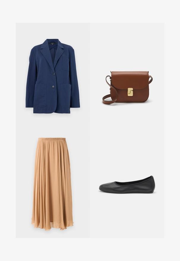 Marineblazer i let stof, med notch-krave, to store forlommer og to-knaps lukning. Glat tekstur med subtil glans.; Lys beige cropped sweater med lynlås og høj hals, der har et struktureret mønster samt ribbede manchetter og nederste kant. Kombinerer strikkede og vævede materialer.; Maxi nederdel i lys beige, lavet af let stof. Har en indsamlet elastisk talje og bløde pliser for bevægelse.; Sort læderballetsko med rund tå, glat tekstur, minimal syning og et fleksibelt såldesign.; Brun læder håndtaske med flaplukning, hardware i gyldent tone, en skulderrem og en glat overflade. Kompakt rektangulær form.