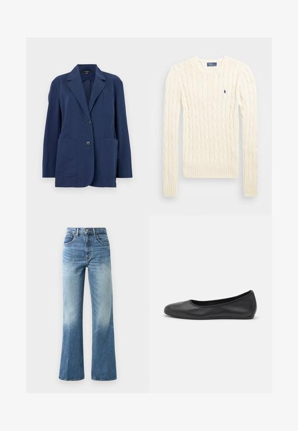 Sacou bleumarin dintr-un material ușor, cu guler ripsat, două buzunare mari în față și închidere cu două butoane. Textură netedă cu o strălucire subtilă.; Pulover crem tricotat cu cablu, cu mâneci lungi, manșete și tiv ribdate, având un mic logo brodat pe pieptul stâng.; Jeanși de culoare albastru deschis, cu talie înaltă, având un croi lejer, textură decolorată, cinci buzunare și închidere cu buton metalic.; Balerini din piele neagră, cu vârf rotund, textură netedă, detalii de cusătură minimale și un design al tălpii flexibil.