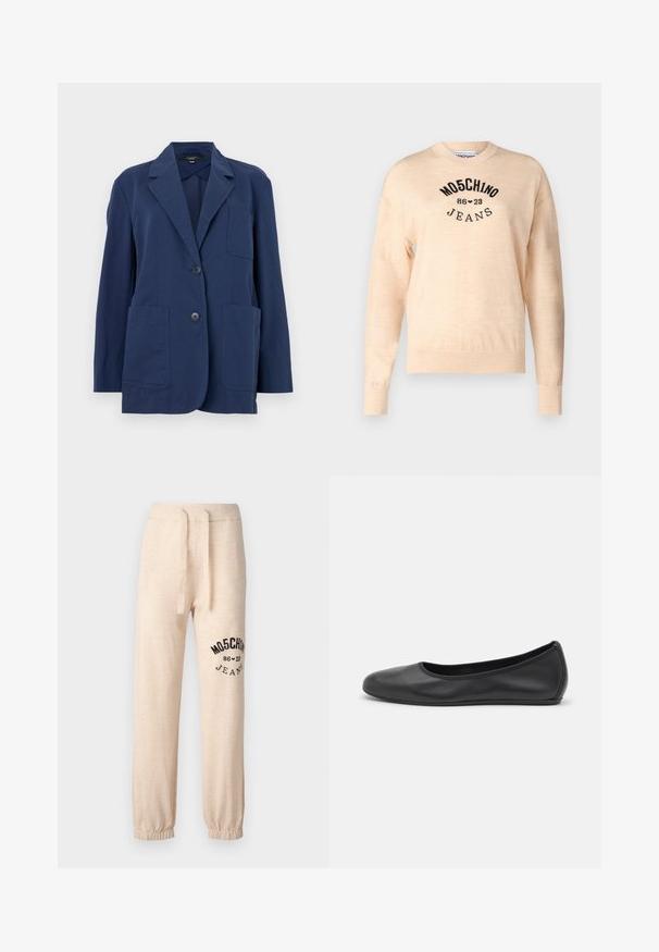 Laivastonsininen bleiseri kevyestä kankaasta, jossa on viistot kaulukset, kaksi suurta etutaskua ja kaksinappikiinnitys. Sujuva rakenne, jossa on hienovarainen kiilto.; Vaaleanbeige neulepaita, joka on valmistettu pehmeästä kudoksesta. Siinä on pyöreä kaula-aukko, pitkät hihat ja musta brodeerattu logo, jossa on teksti "Moschino Jeans."; Beige-coloured sweatsit, jossa on joustavat lahkeet ja vyötärö. Vasemmassa reidessä on mustalla painettuna logo "MOSCHINO 86 ❤ 23 JEANS". Pehmeä pinta.; Musta nahkainen ballerina, jossa on pyöristetty kärki, sileä pinta, minimaalinen ommelkoristelu ja joustava pohjamuotoilu.