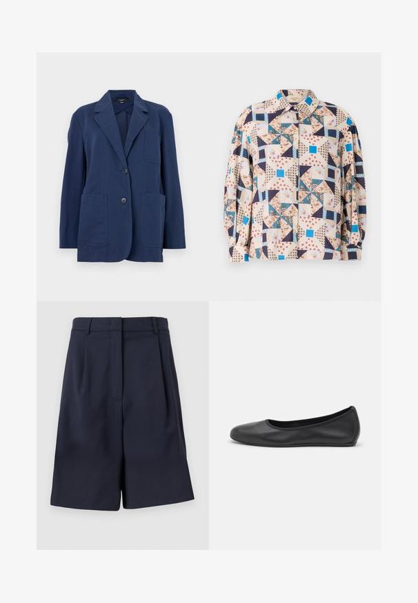 Blazer navy en tissu léger, avec un col cranté, deux grandes poches avant et une fermeture à deux boutons. Texture lisse avec un subtil éclat.; Chemise à boutons avec un design patchwork comportant des motifs floraux et géométriques dans des tons beiges, bleus, navy et rouges ; manches longues.; Shorts ajustés bleu marine en tissu lisse avec taille haute, plis à l'avant et poches latérales. Silhouette propre et structurée.; Ballerines en cuir noir avec un bout rond, texture lisse, détails de couture minimalistes et design de semelle flexible.