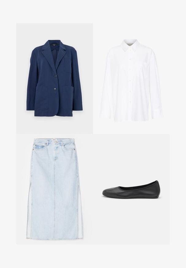 Blazer blu navy in tessuto leggero, con colletto a revers, due ampie tasche frontali e chiusura a due bottoni. Texture liscia con un leggero luccichio.; Camicia bianca a maniche lunghe con colletto in cotone. Caratterizzata da una chiusura con bottoni e una tasca sul petto singola. Tessuto liscio, vestibilità comoda.; Gonna maxi in denim azzurro chiaro con taglio dritto, dotata di spacchi laterali e design a cinque tasche. Cuciture in evidenza e chiusura con bottone in metallo.; Pantofole da balletto nere in pelle con punta arrotondata, texture liscia, dettagli di cucitura minimi e design con suola flessibile.