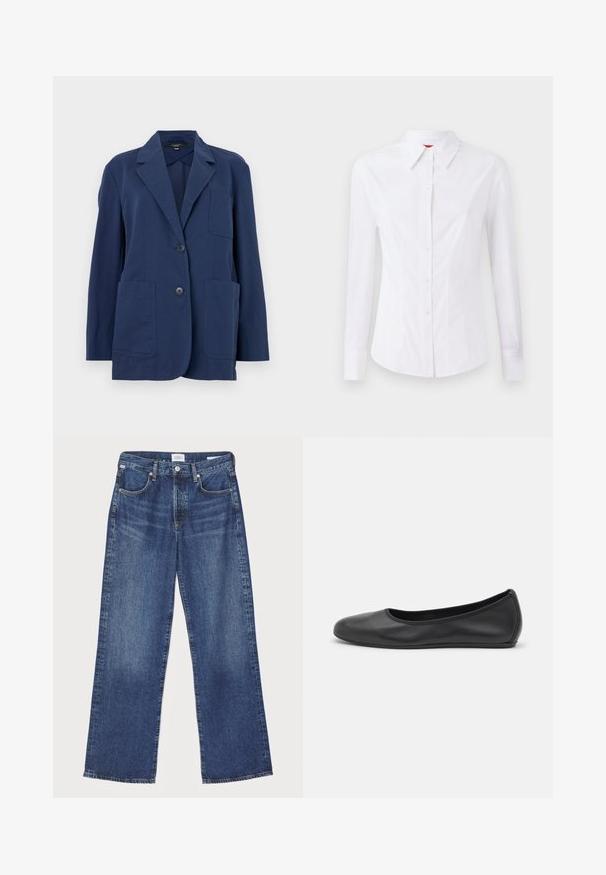 Marineblazer aus leichtem Stoff, mit Reverskragen, zwei großen Fronttaschen und zwei Knöpfen zum Schließen. Glatte Textur mit dezentem Glanz.; Weißes langärmliges Hemd mit spitzem Kragen, vorderem Knopfverschluss und taillierter Passform. Glattes Baumwollmaterial mit dezenten Stickdetails.; Citizens of Humanity ANNINA - Jeans Straight Leg - westwood dark indigo; Schwarze Leder-Ballettschuhe mit abgerundeter Spitze, glatter Textur, minimalen Nähdetails und einem flexiblen Sohlen-Design.