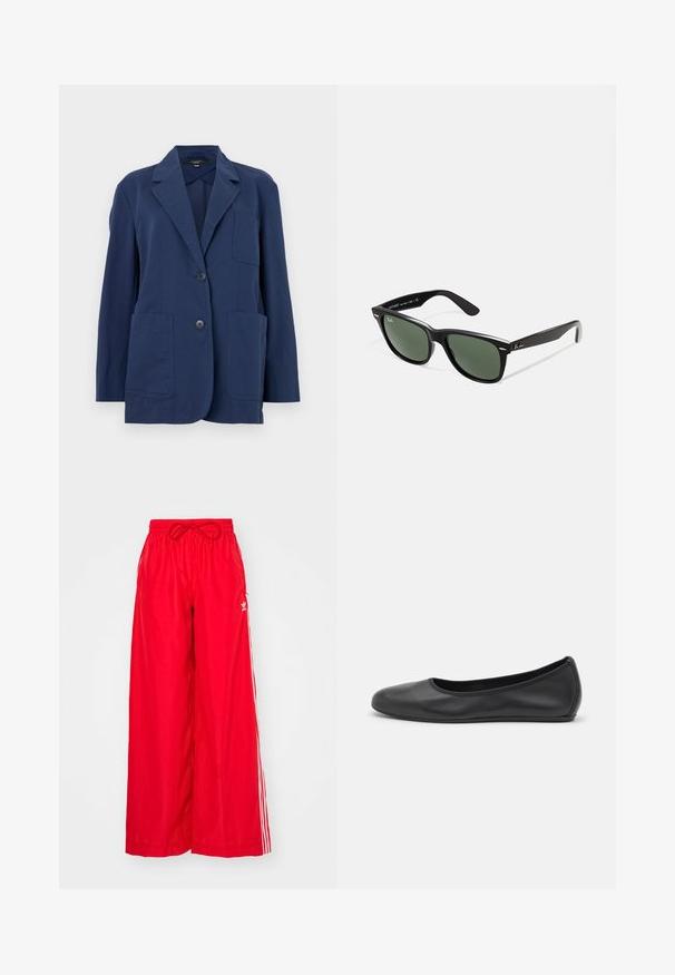 Námořnický blazer z lehkého materiálu, s klopovým límcem, dvěma velkými předními kapsami a zapínáním na dva knoflíky. Hladká textura s jemným leskem.; Bílý krátký rukáv tričko vyrobené z bavlny s kulatým výstřihem a volným střih. Hladká textura a žádné viditelné vzory nebo ozdoby.; Červené volné kalhoty vyrobené z lehkého materiálu, s bílými bočními pruhy a elastickým pasem se šňůrkou.; Černé kožené baletní byty s kulatou špičkou, hladkou texturou, minimálními švy a flexibilním designem podrážky.; Černé plastové sluneční brýle se zelenými skly, čtvercové obroučky, stříbrný detail na obočí a texturované stranice. Značka uvedená na vnitřní straně stranic.; Zign LEATHER - Kabelka - dark red