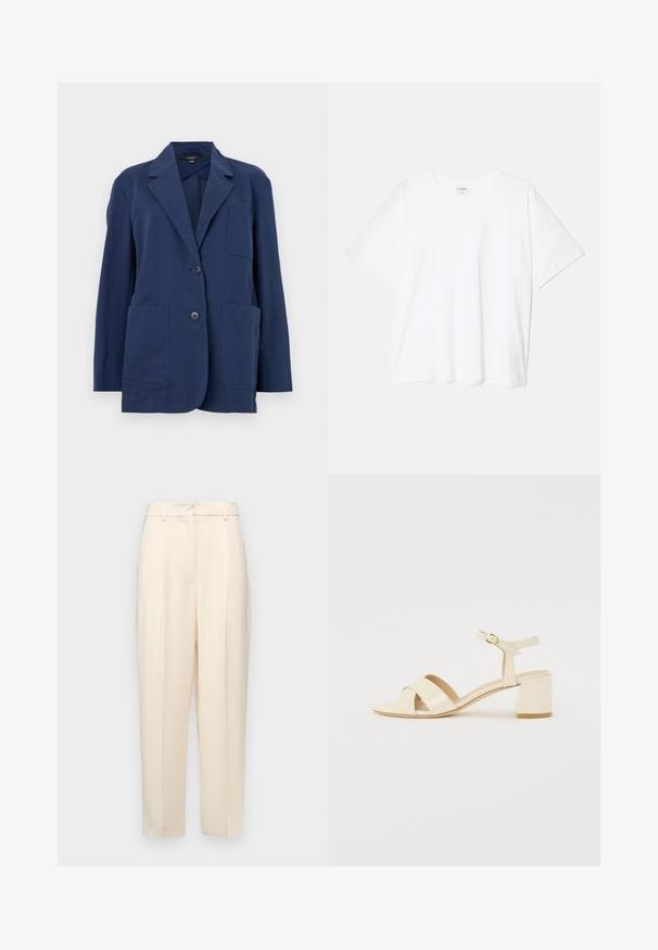 Marineblazer i let stof, med notch-krave, to store forlommer og to-knaps lukning. Glat tekstur med subtil glans.; Hvid bomulds-t-shirt med korte ærmer, rund halsudskæring, afslappet pasform og stitched søm. Mærket er synligt indeni halsen.; Beige skræddersyede bukser med en lige pasform, der har folder i fronten, en glat tekstur og en mellemhøj talje. Ingen synlige lommer.; Beige patenteret læder hælede sandaler med krydsremdesign, åben tå, justerbar ankelrem og en blokeret hæl. Glat tekstur.