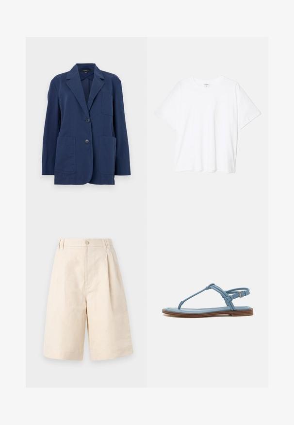 Blazer navy en tissu léger, avec un col cranté, deux grandes poches avant et une fermeture à deux boutons. Texture lisse avec un subtil éclat.; T-shirt en coton blanc avec des manches courtes, un col rond, une coupe décontractée et un ourlet cousu. Étiquette visible à l'intérieur du col.; Shorts en lin beige avec une coupe décontractée, présentant une fermeture à bouton, un design plissé et une longueur à mi-genou. Texture lisse et style simple.; Sandale en thong en cuir bleu avec une semelle plate, présentant un design de sangle fine et une fermeture à boucle au niveau de la cheville pour un maintien sécurisé.