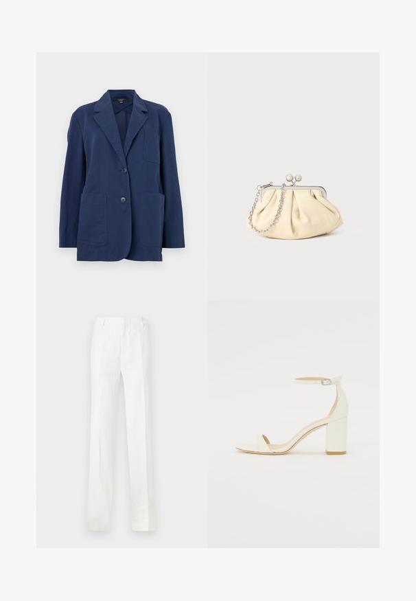 Mornarska blazerjakna iz lahkega materiala, z ovratnikom z žepi in dvema velikima sprednjima žepoma. Zapiranje na dve gumbih. Gladka tekstura z rahlim sijajem.; FRAME BABY TEE - Navadna majica - white; Beli, ravni hlače izdelane iz lahkega materiala. Imajo raven sprednji del, zanke za pas in brez vidnih vzorcev ali okraskov.; Bela usnjena sandala z blok peto, ki ima zanko okoli gležnja s sponko in minimalističen dizajn. Odkrit prst in gladke teksture po vsej površini.; Zavihani bež usnjeni nahrbtnik s srebrnim kovinskim okvirom, ki ima dve okrogli okrasni zaponki in srebrno verižico.