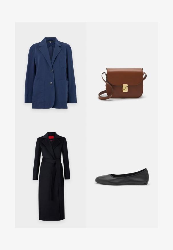 Morska jakna od lagane tkanine, s izrezom na ovratniku, dva velika prednja džepa i zatvaranjem na dva gumba. Glatka tekstura s suptilnim sjajem.; Bijela majica s kratkim rukavima izrađena od rebraste tkanine. Okrugli izrez, klasičan kroj i suptilni detalji šivanja. Bez uzoraka ili grafika.; Crni trench kaput s dugim rukavima, omotani dizajn i odgovarajući pojas. Izrađen od glatke tkanine, s uklještenim ovratnikom i bočnim džepovima.; Crne kožne baletanke s zaobljenim vrhom, glatke teksture, minimalnim detaljima šavova i fleksibilnim dizajnom potplata.; Smeđa kožna torba s preklopom, zlatnim detaljima, remenom za nošenje preko ramena i glatkom teksturom. Kompaktni pravokutni oblik.