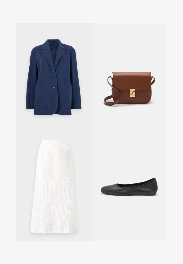 Blazer navy de tejido ligero, con cuello con muesca, dos grandes bolsillos frontales y cierre de dos botones. Textura suave con un ligero brillo.; Camiseta de manga corta blanca hecha de tela de canalé. Cuello redondo, corte regular y detalles de costura sutiles. Sin patrones ni gráficos.; Falda midi de punto blanca que presenta un patrón texturizado con líneas verticales y detalles recortados cerca del bajo. Cintura elástica. Material suave.; Bailarina de piel negra con punta redondeada, textura suave, detalle de costura minimalista y diseño de suela flexible.; Bolso de mano de cuero marrón con cierre de solapa, herrajes en tono dorado, correa para el hombro y una textura suave. Forma rectangular compacta.