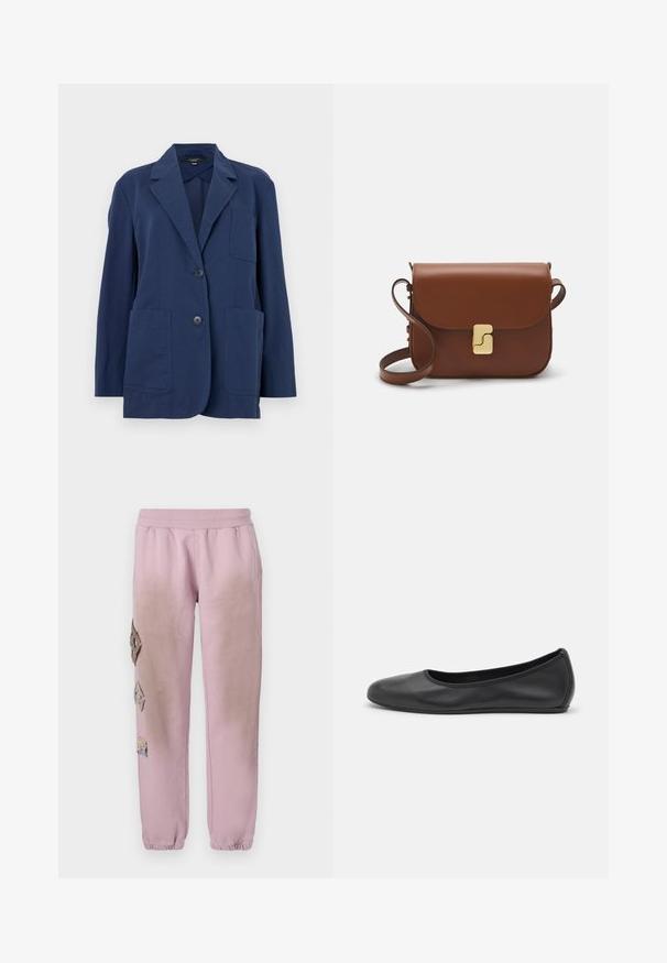 Marineblazer van lichtgewicht stof, met een geknipt kraag, twee grote voorzakken en een tweeknoopsluiting. Glad is de textuur met een subtiele glans.; Witte korte mouwen t-shirt van ribstof. Ronde halslijn, normale pasvorm en subtiele stiksels. Geen patronen of grafische elementen.; Roze sweatpants met een elastische tailleband, voorzien van decoratieve patches in ruitvorm aan de linkerkant en elastische boorden bij de enkel.; Zwarte leren ballerina met een ronde neus, gladde textuur, minimale stikdetails en een flexibele zoolontwerp.; Bruine leren handtas met een klep sluiting, gouden hardware, een schouderband en een gladde textuur. Compact rechthoekige vorm.